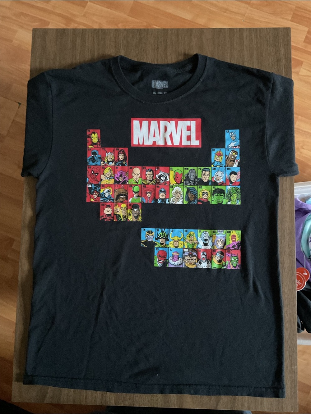 Kids XL Marvel Black Tee with Periodic Table of Superheroes